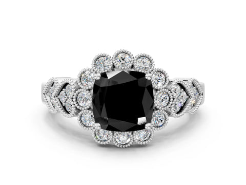 White gold Fancy Black Cushion Cut Brilliant Milgrain Pave Heart Band Solitaire Ring_24