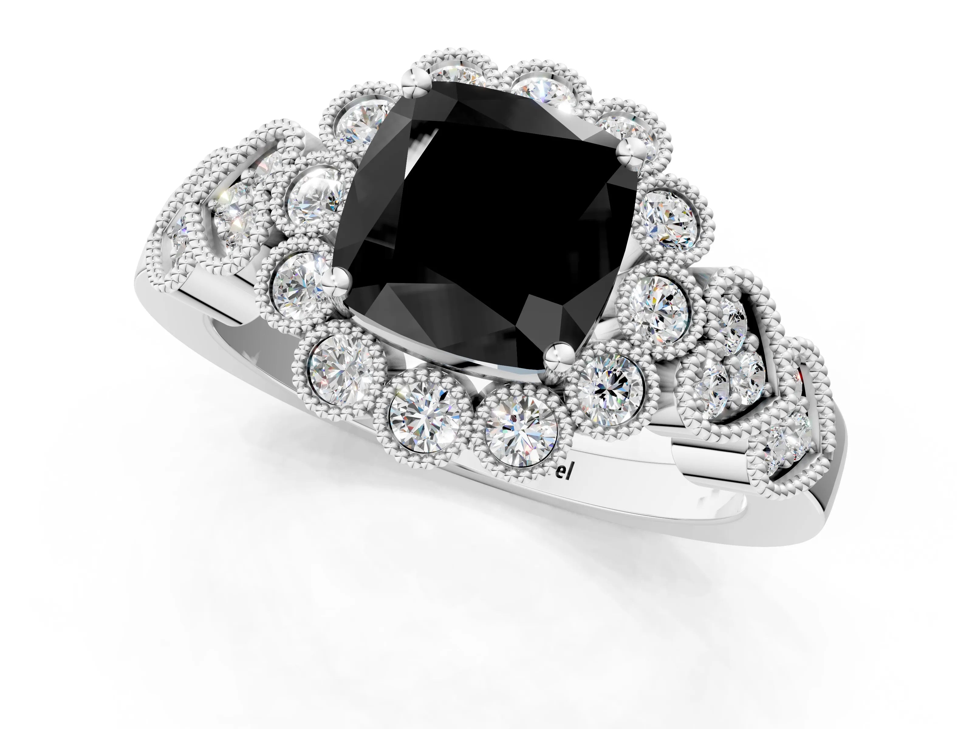 White gold Fancy Black Cushion Cut Brilliant Milgrain Pave Heart Band Solitaire Ring_25
