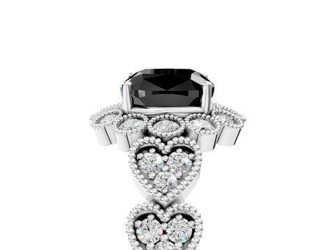 White gold Fancy Black Cushion Cut Brilliant Milgrain Pave Heart Band Solitaire Ring_29