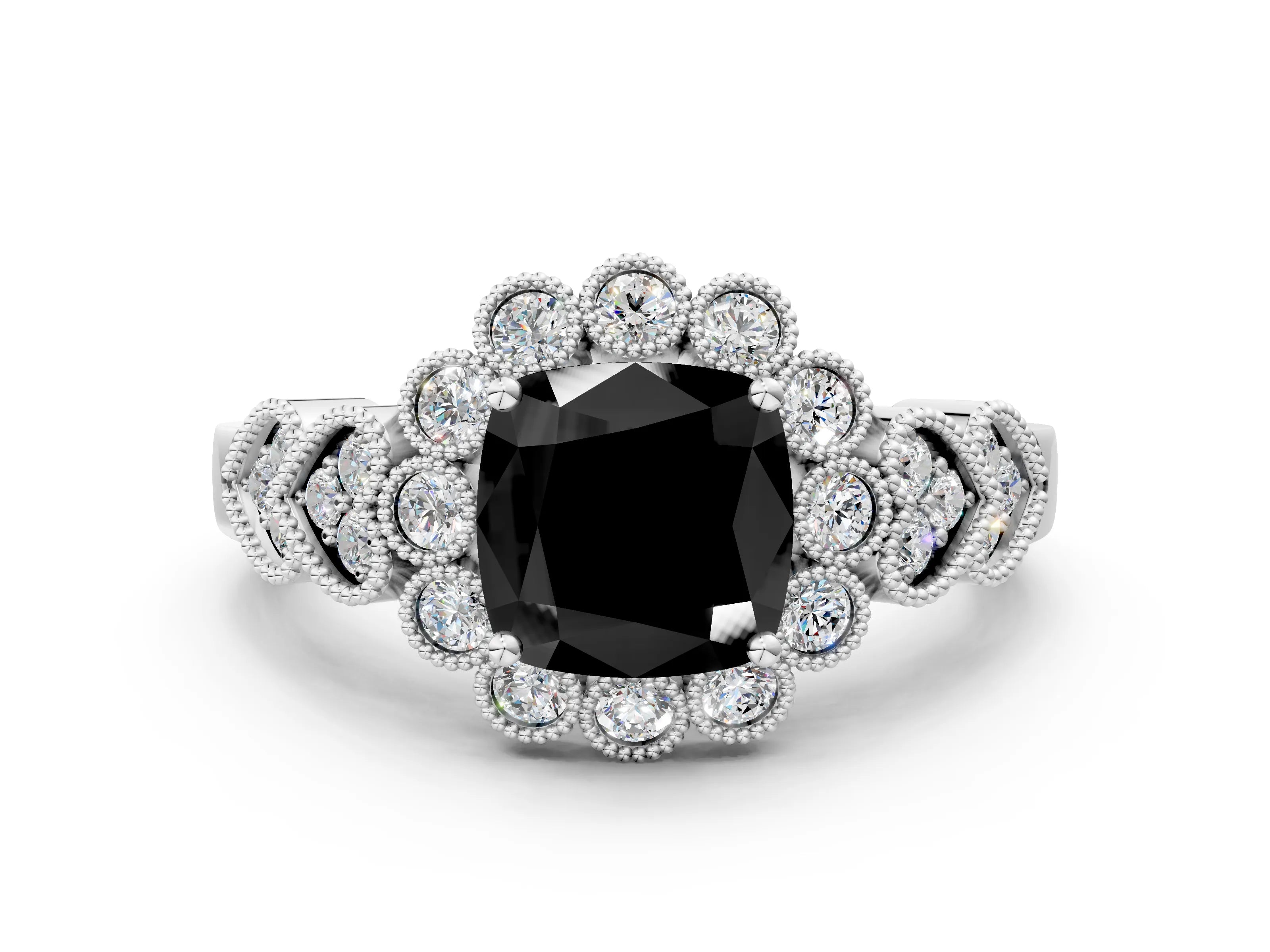 White gold Fancy Black Cushion Cut Brilliant Milgrain Pave Heart Band Solitaire Ring_35