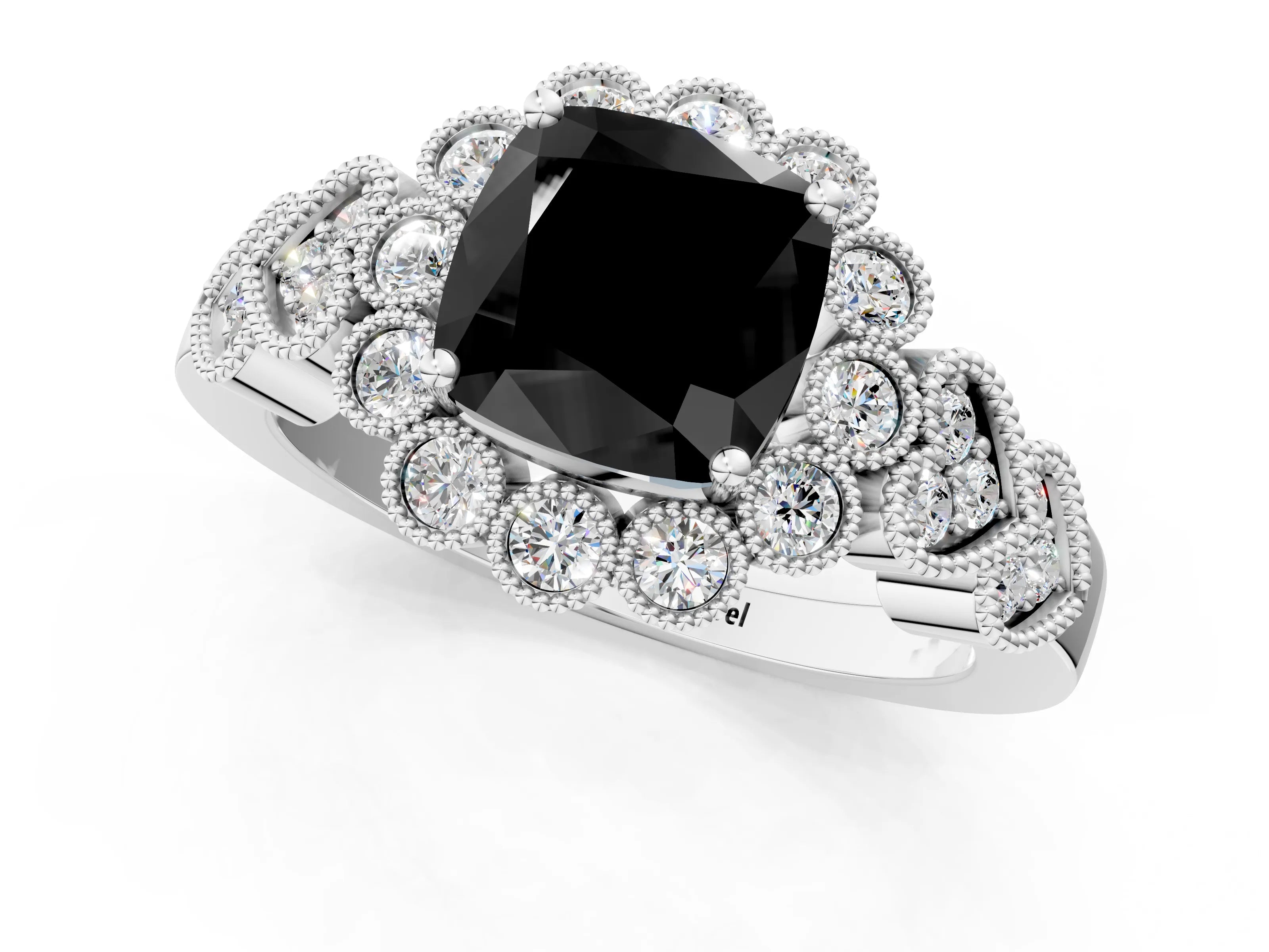 White gold Fancy Black Cushion Cut Brilliant Milgrain Pave Heart Band Solitaire Ring_36