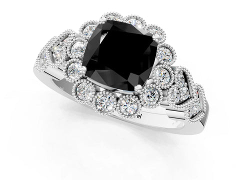 White gold Fancy Black Cushion Cut Brilliant Milgrain Pave Heart Band Solitaire Ring_37