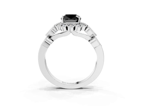 White gold Fancy Black Cushion Cut Brilliant Milgrain Pave Heart Band Solitaire Ring_3