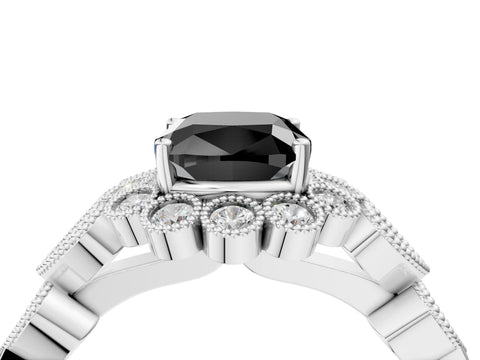 White gold Fancy Black Cushion Cut Brilliant Milgrain Pave Heart Band Solitaire Ring_40
