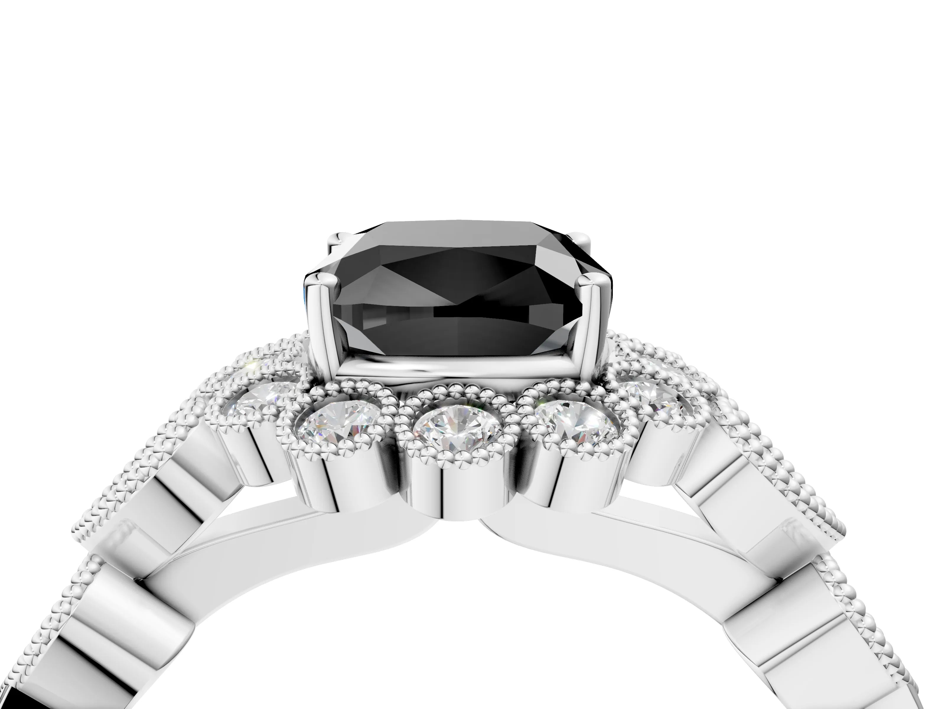 White gold Fancy Black Cushion Cut Brilliant Milgrain Pave Heart Band Solitaire Ring_4