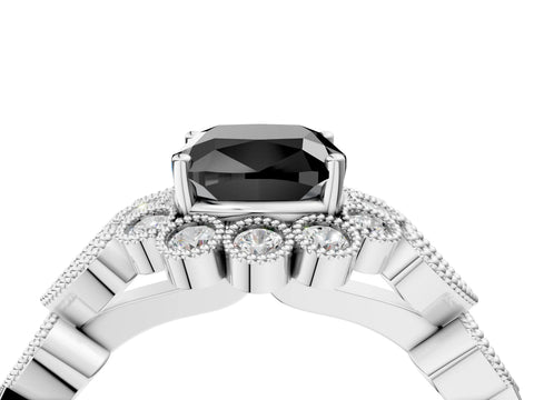 White gold Fancy Black Cushion Cut Brilliant Milgrain Pave Heart Band Solitaire Ring_4