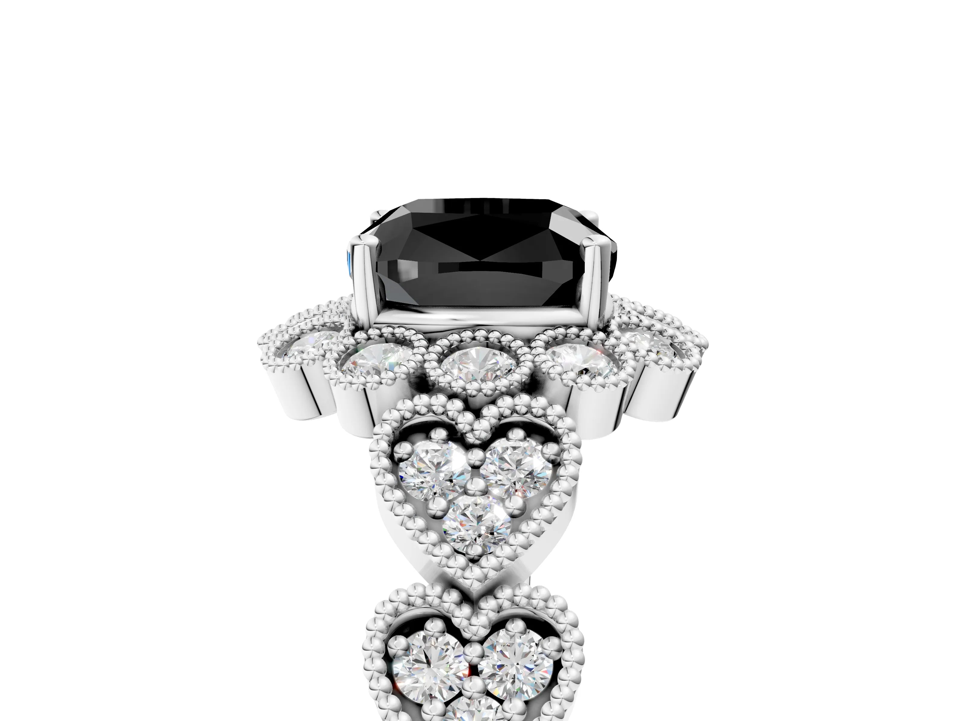 White gold Fancy Black Cushion Cut Brilliant Milgrain Pave Heart Band Solitaire Ring_5