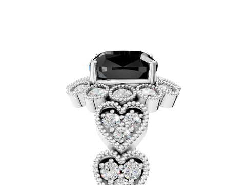 White gold Fancy Black Cushion Cut Brilliant Milgrain Pave Heart Band Solitaire Ring_5