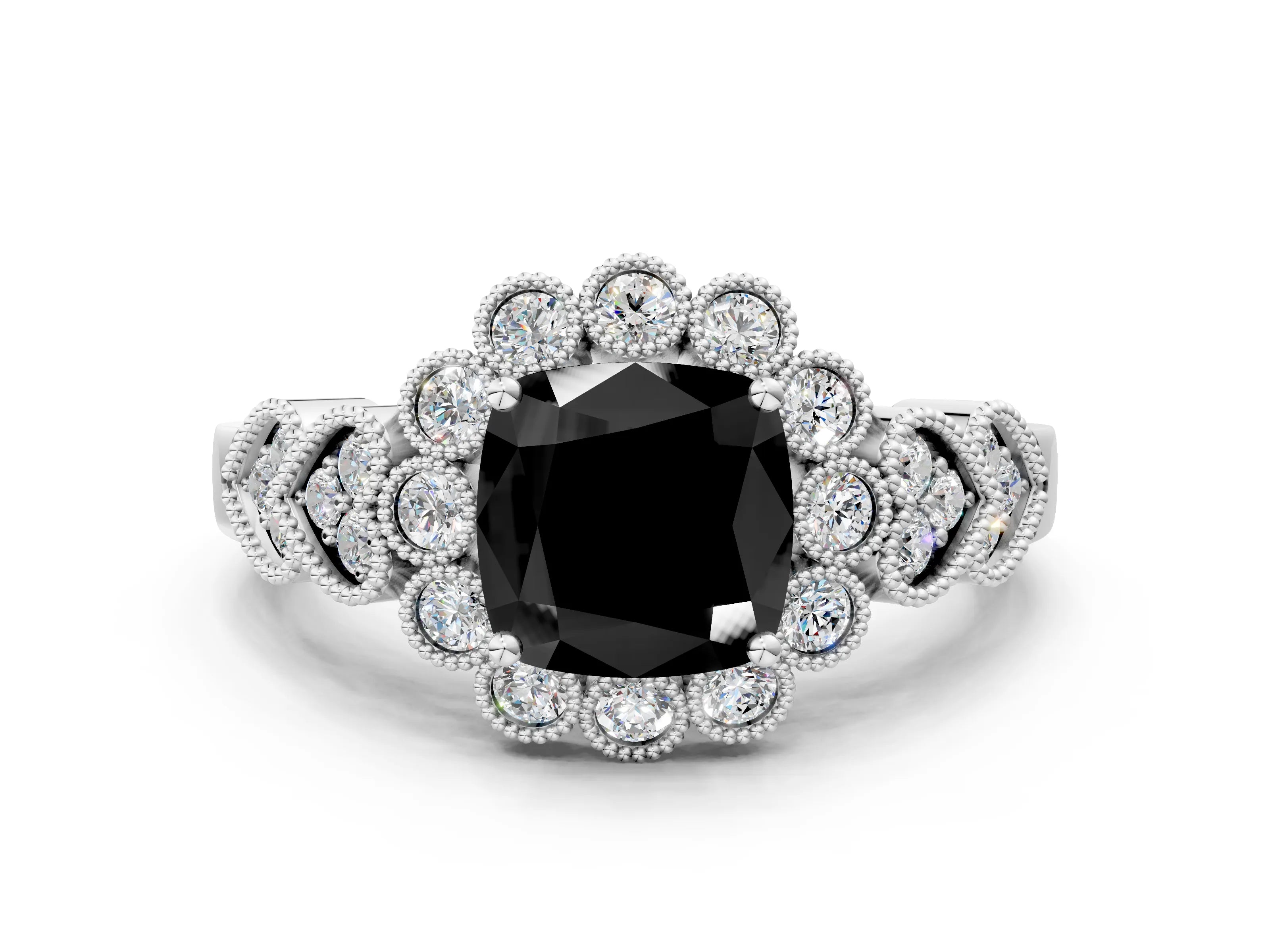 White gold Fancy Black Cushion Cut Brilliant Milgrain Pave Heart Band Solitaire Ring