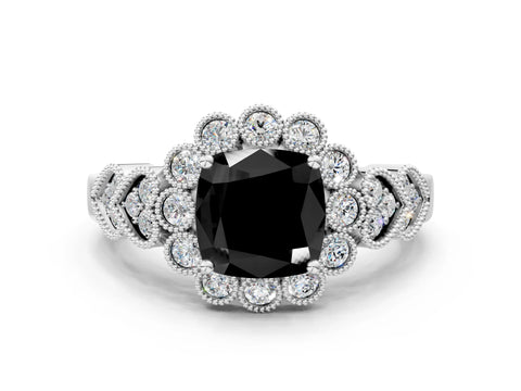 White gold Fancy Black Cushion Cut Brilliant Milgrain Pave Heart Band Solitaire Ring