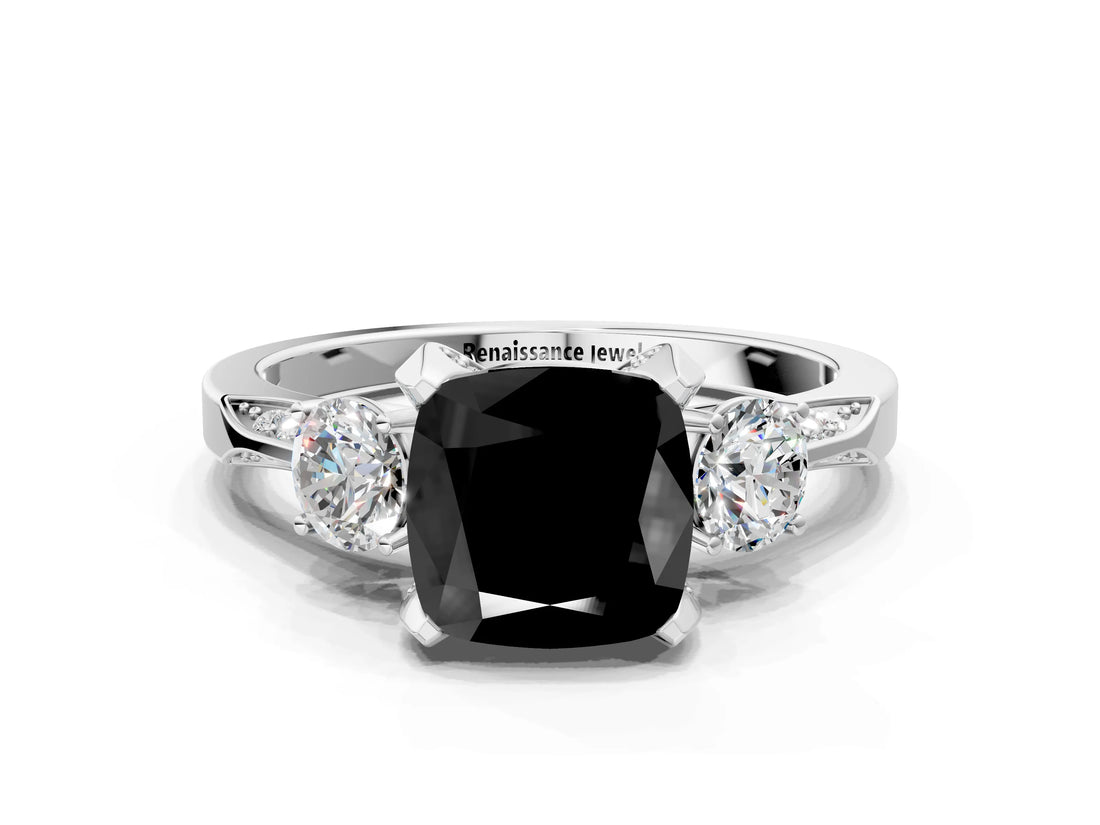White gold Fancy Black Cushion Cut Brilliant Three-Stone Diamond Ring with Pavé Band and Four-Prong Setting_33