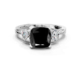 White gold Fancy Black Cushion Cut Brilliant Three-Stone Diamond Ring with Pavé Band and Four-Prong Setting_36