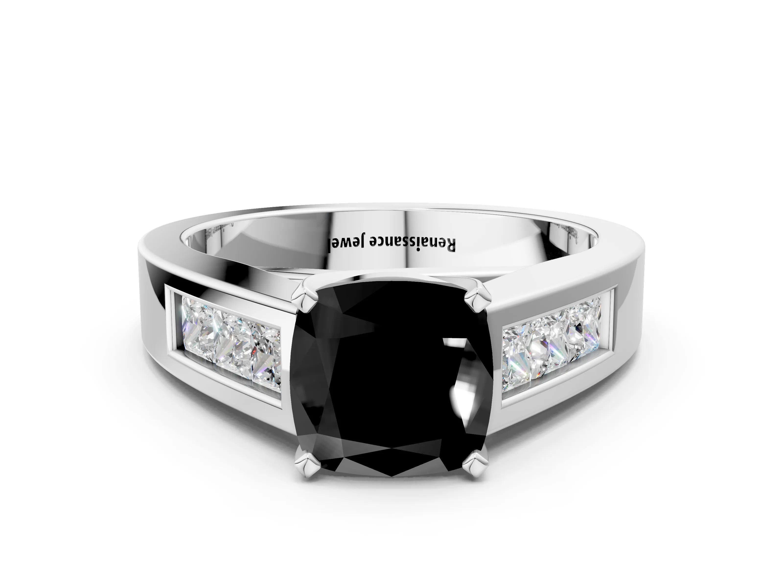 White gold Fancy Black Cushion Cut Cut Channel Set Solitaire Ring with Four-Prong Setting_12