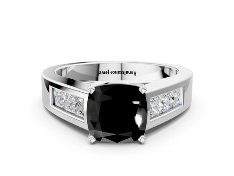 White gold Fancy Black Cushion Cut Cut Channel Set Solitaire Ring with Four-Prong Setting_12