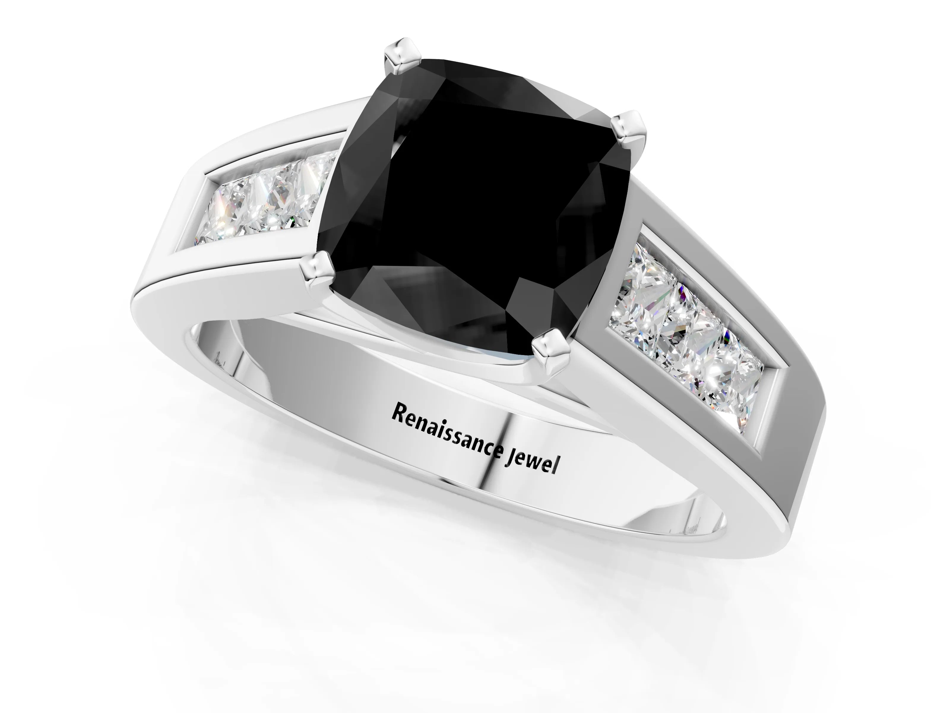 White gold Fancy Black Cushion Cut Cut Channel Set Solitaire Ring with Four-Prong Setting_13