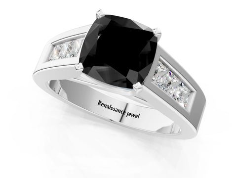 White gold Fancy Black Cushion Cut Cut Channel Set Solitaire Ring with Four-Prong Setting_13