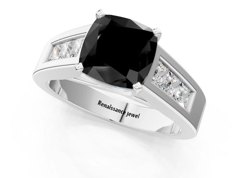 White gold Fancy Black Cushion Cut Cut Channel Set Solitaire Ring with Four-Prong Setting_1