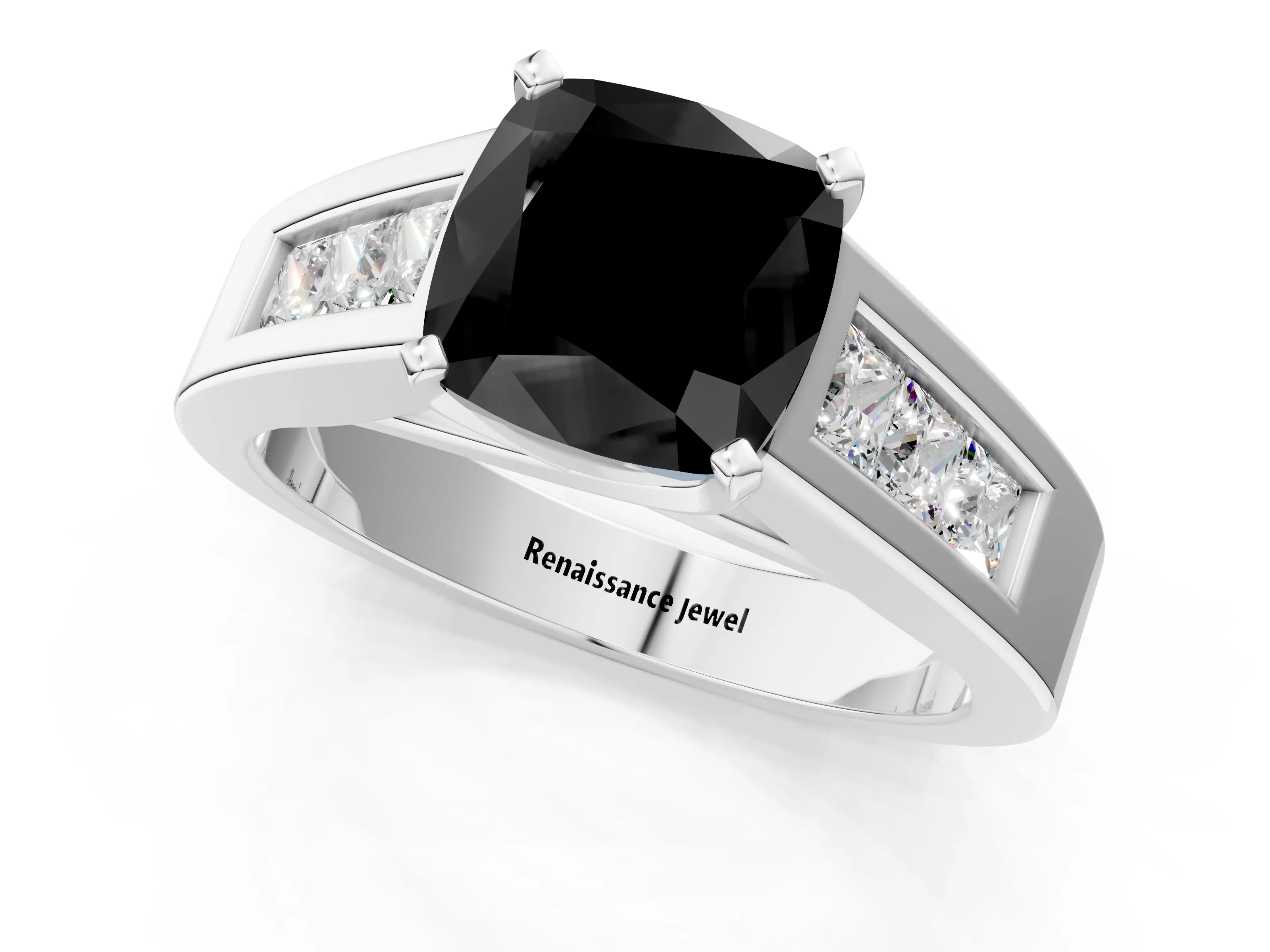White gold Fancy Black Cushion Cut Cut Channel Set Solitaire Ring with Four-Prong Setting_1