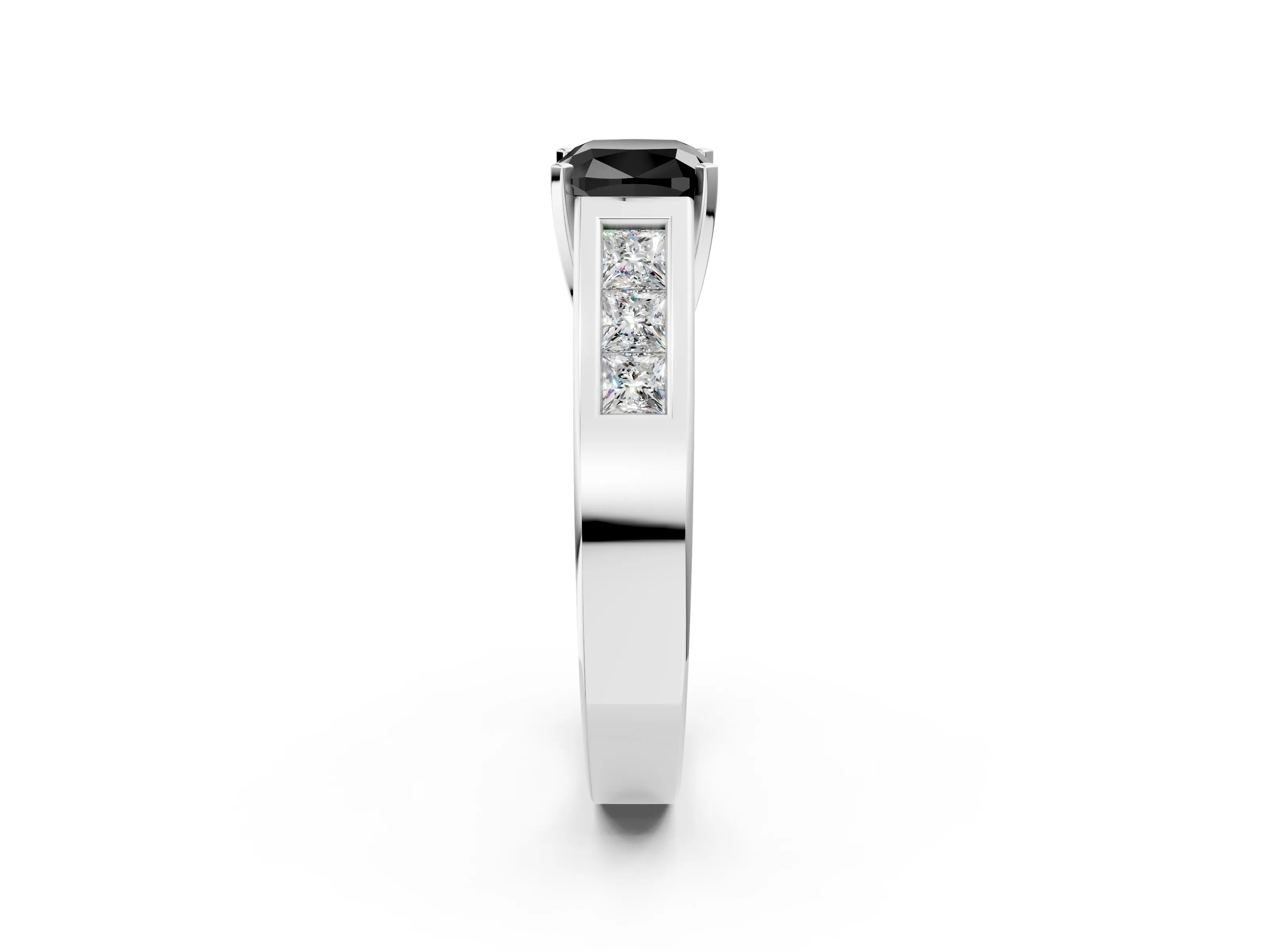 White gold Fancy Black Cushion Cut Cut Channel Set Solitaire Ring with Four-Prong Setting_2