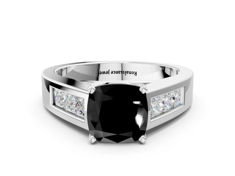 White gold Fancy Black Cushion Cut Cut Channel Set Solitaire Ring with Four-Prong Setting