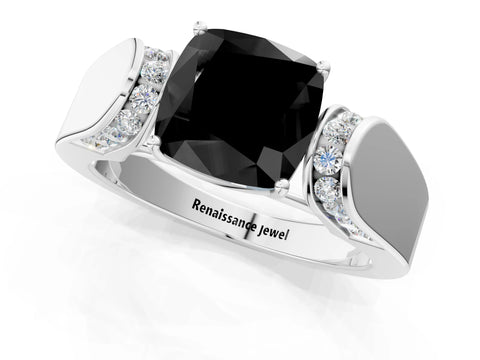 White gold Fancy Black Cushion Cut Cut Diamond Channel Set Solitaire Ring with Four-Prong Setting_1