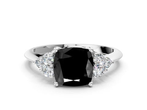 White gold Fancy Black Cushion Cut Cut Diamond Cluster Ring with Solitaire Band and Four-Prong Setting