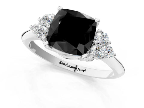 White gold Fancy Black Cushion Cut Cut Diamond Cluster Ring with Solitaire Band and Four-Prong Setting_1