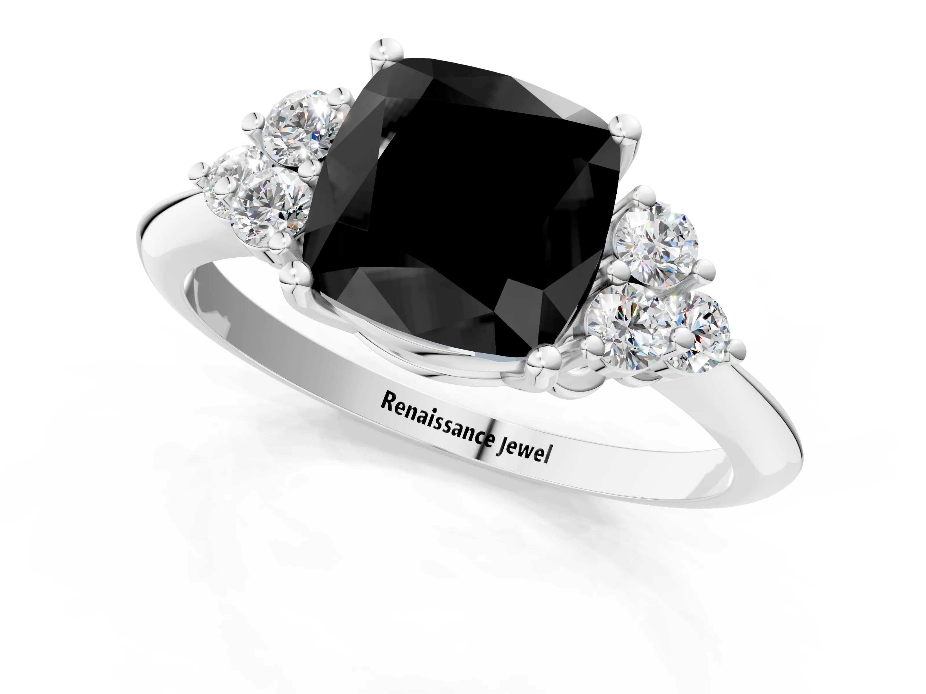 White gold Fancy Black Cushion Cut Cut Diamond Cluster Ring with Solitaire Band and Four-Prong Setting_1