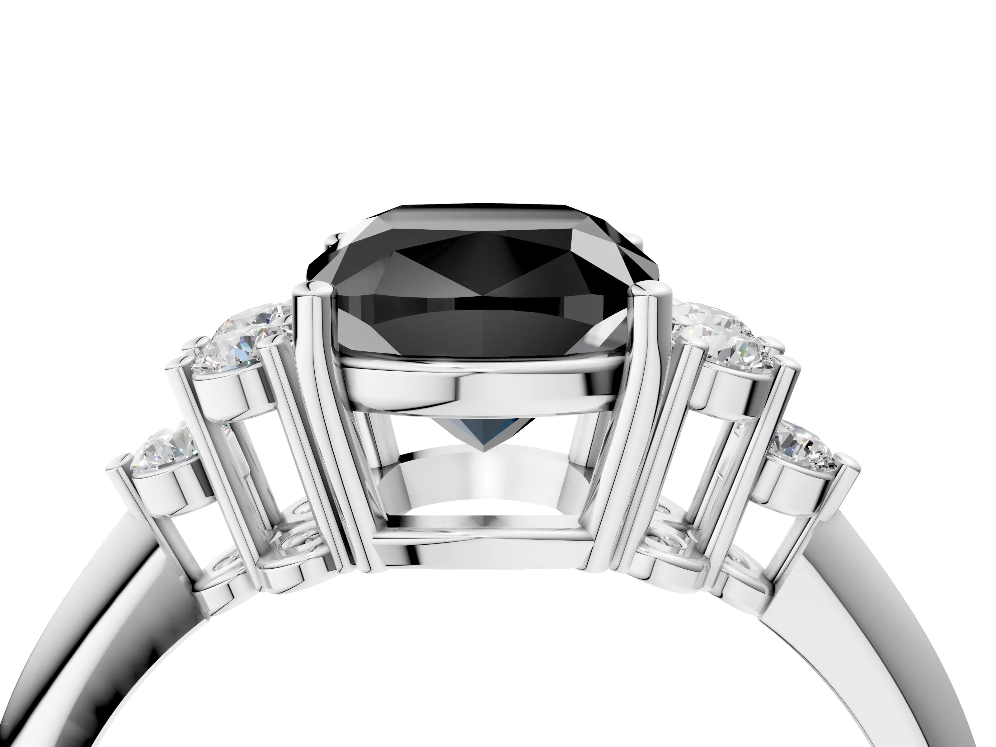 White gold Fancy Black Cushion Cut Cut Diamond Cluster Ring with Solitaire Band and Four-Prong Setting_4