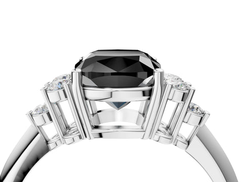White gold Fancy Black Cushion Cut Cut Diamond Cluster Ring with Solitaire Band and Four-Prong Setting_4