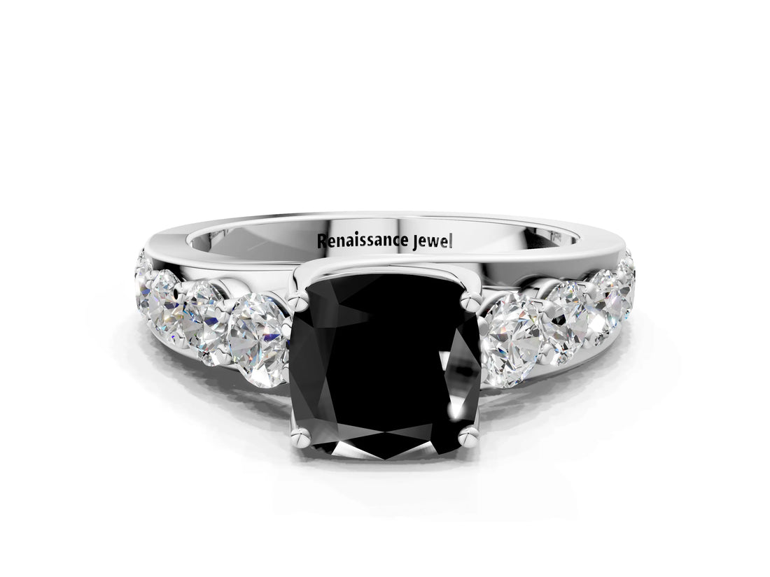 White gold Fancy Black Cushion Cut Cut Diamond Engagement Ring with Pavé Band and Four-Prong Setting