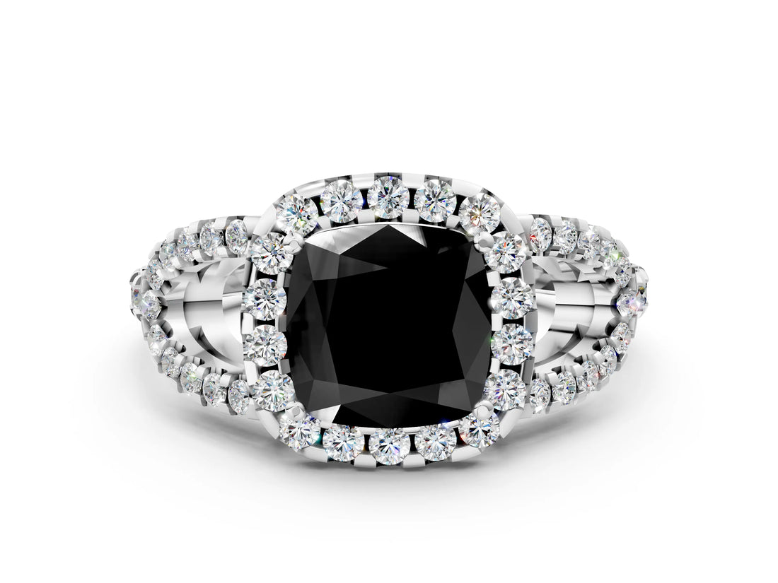 White gold Fancy Black Cushion Cut Cut Diamond Halo Engagement Ring with Open Split Pavé Band