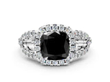 White gold Fancy Black Cushion Cut Cut Diamond Halo Engagement Ring with Open Split Pavé Band