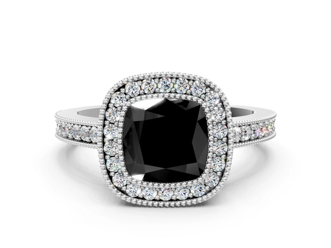 White gold Fancy Black Cushion Cut-Cut Diamond Halo Engagement Ring with Pave Band and Prong Setting