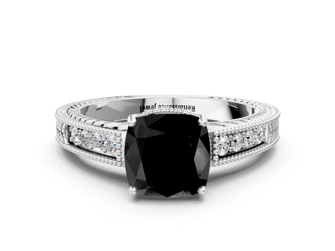 White gold Fancy Black Cushion Cut Cut Diamond Milgrain Pave Band Four-Prong Setting Ring_27