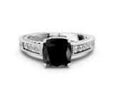 White gold Fancy Black Cushion Cut Cut Diamond Milgrain Pave Band Four-Prong Setting Ring_27