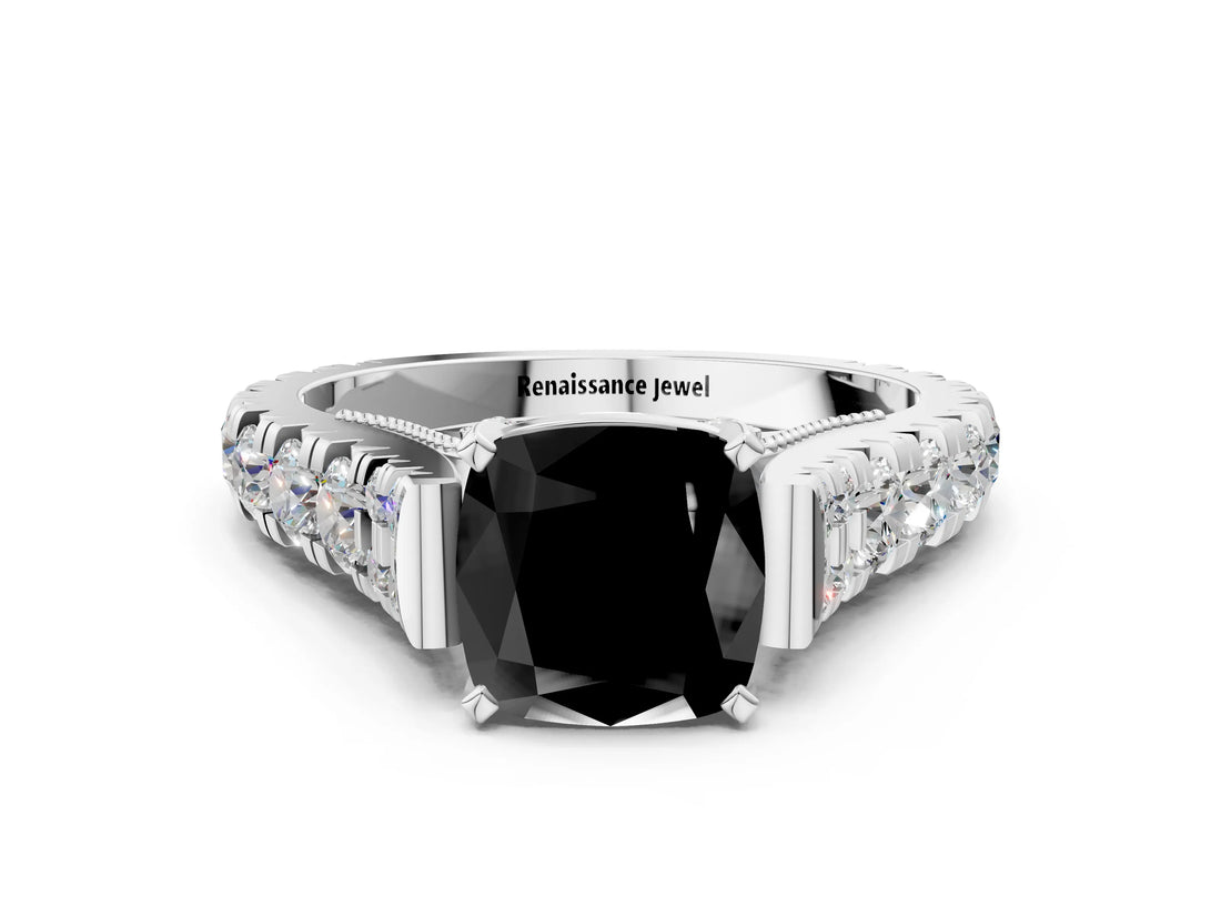 White gold Fancy Black Cushion Cut Cut Diamond Pavé Band Solitaire with Four-Prong Setting