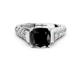 White gold Fancy Black Cushion Cut Cut Diamond Pavé Band Solitaire with Four-Prong Setting