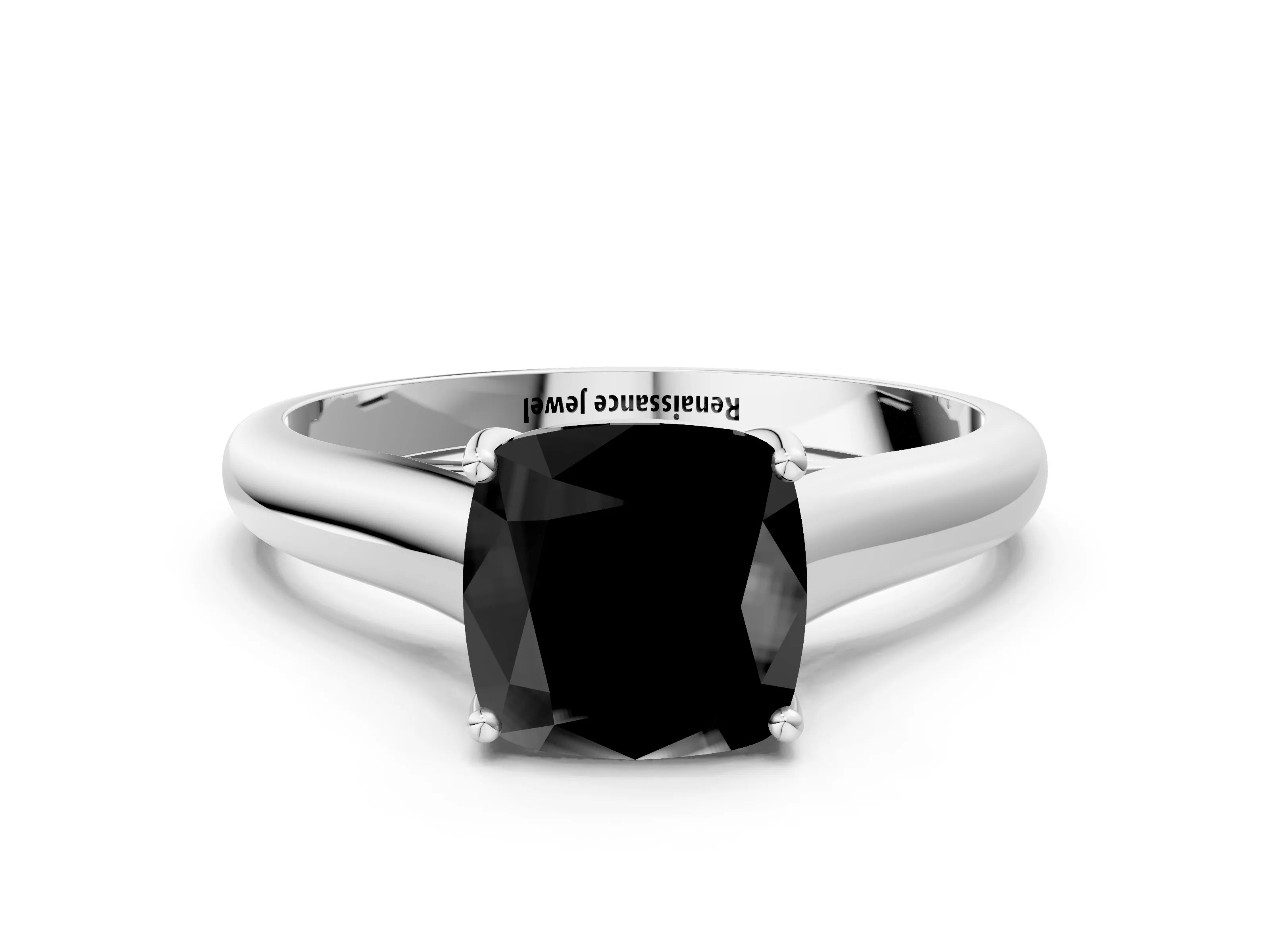 White gold Fancy Black Cushion Cut Cut Diamond Solitaire Engagement Ring with Tapered Plain Band and Four-Prong Setting_12
