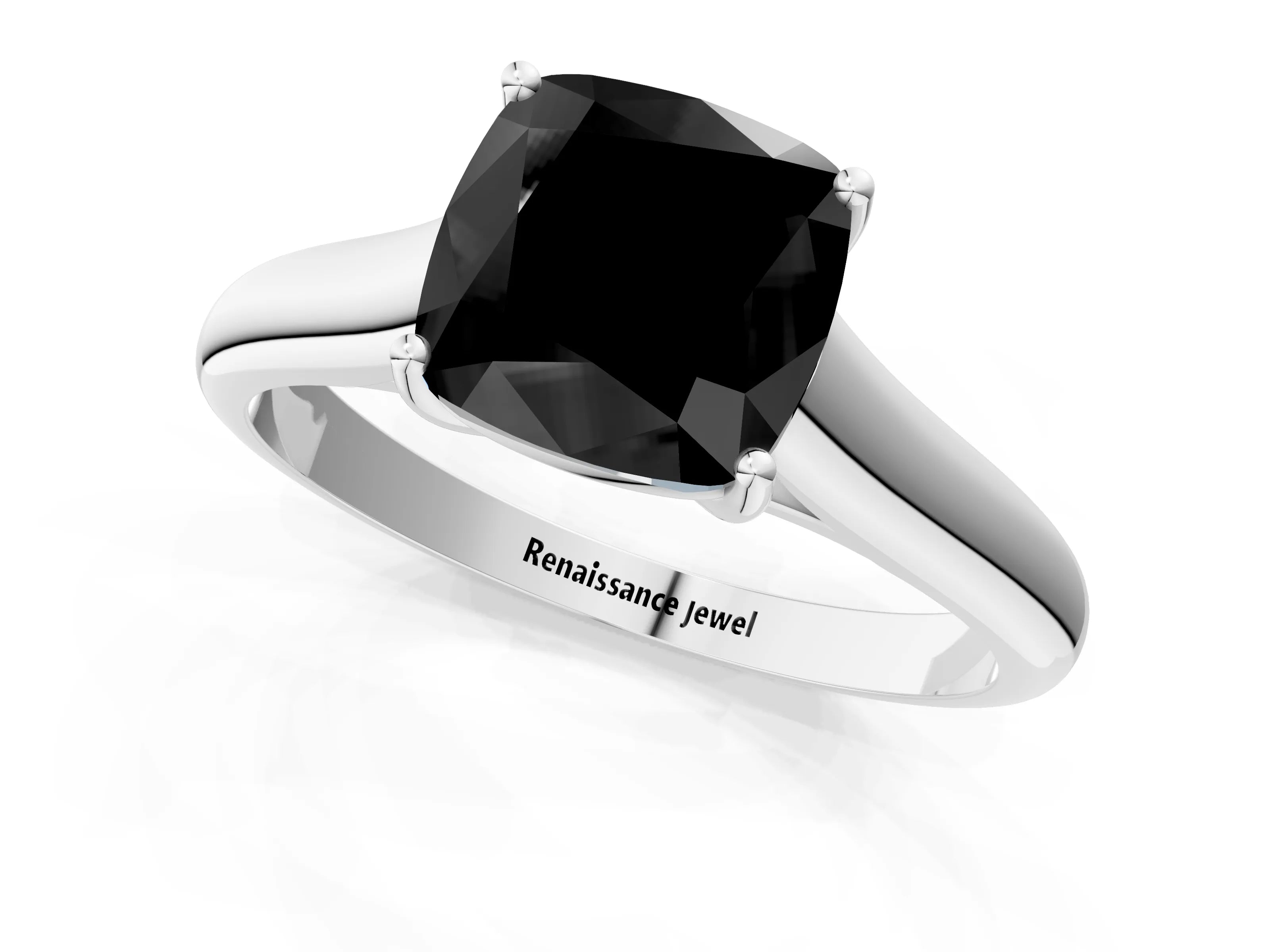 White gold Fancy Black Cushion Cut Cut Diamond Solitaire Engagement Ring with Tapered Plain Band and Four-Prong Setting_13
