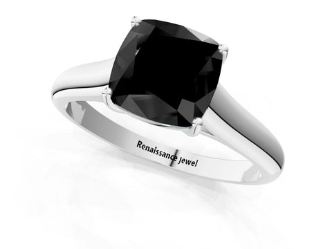White gold Fancy Black Cushion Cut Cut Diamond Solitaire Engagement Ring with Tapered Plain Band and Four-Prong Setting_13