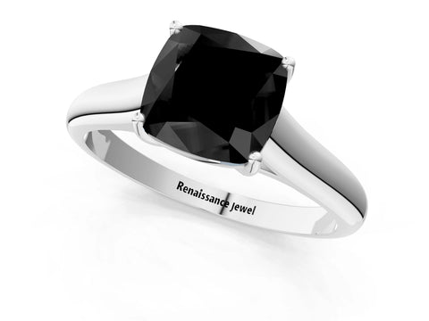 White gold Fancy Black Cushion Cut Cut Diamond Solitaire Engagement Ring with Tapered Plain Band and Four-Prong Setting_1