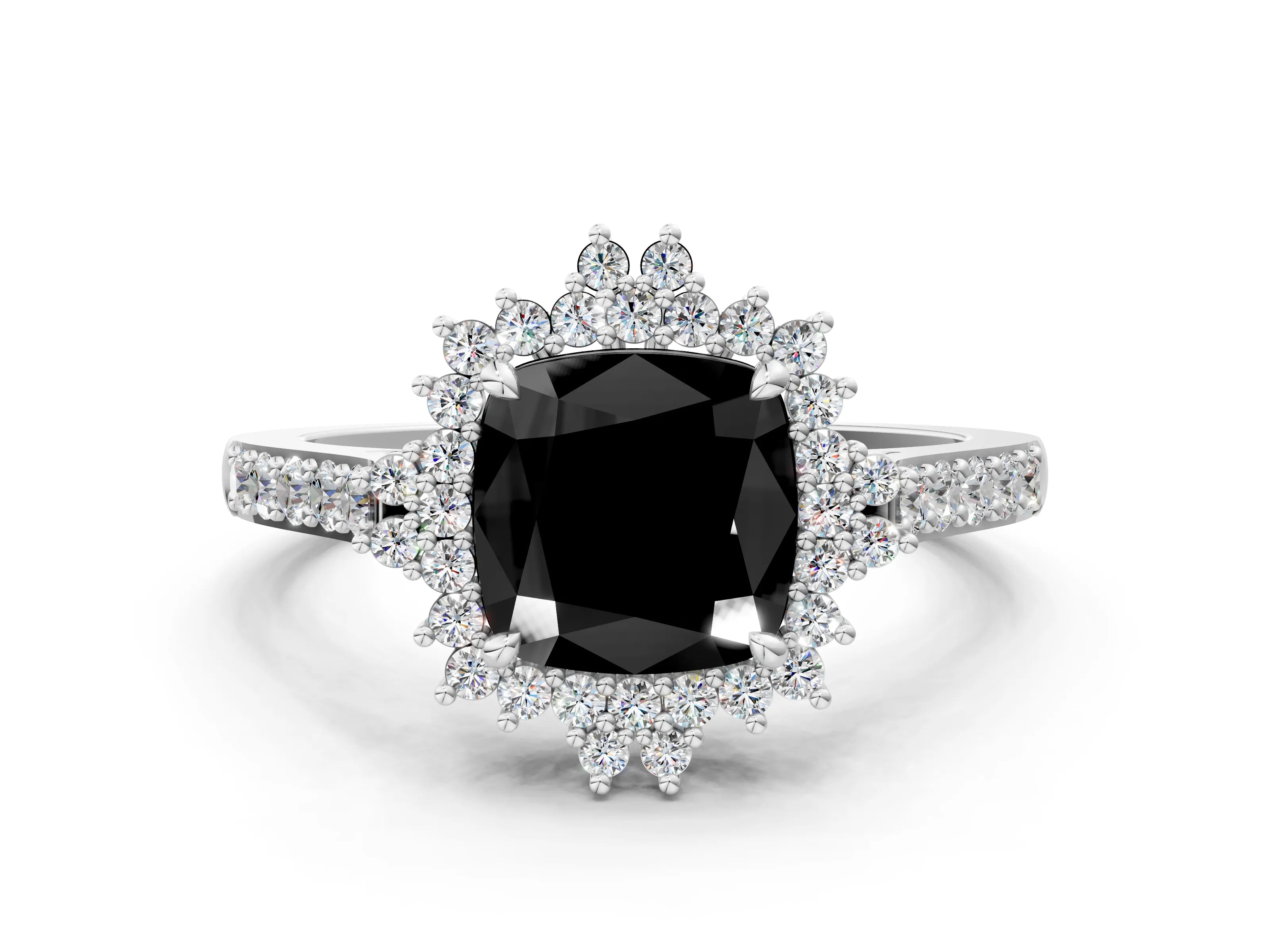 White gold Fancy Black Cushion Cut Cut Diamond Sunburst Halo Engagement Ring with Pavé Band_12