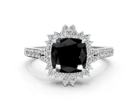 White gold Fancy Black Cushion Cut Cut Diamond Sunburst Halo Engagement Ring with Pavé Band_12