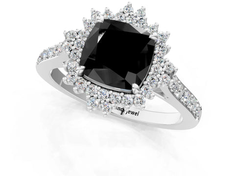 White gold Fancy Black Cushion Cut Cut Diamond Sunburst Halo Engagement Ring with Pavé Band_13