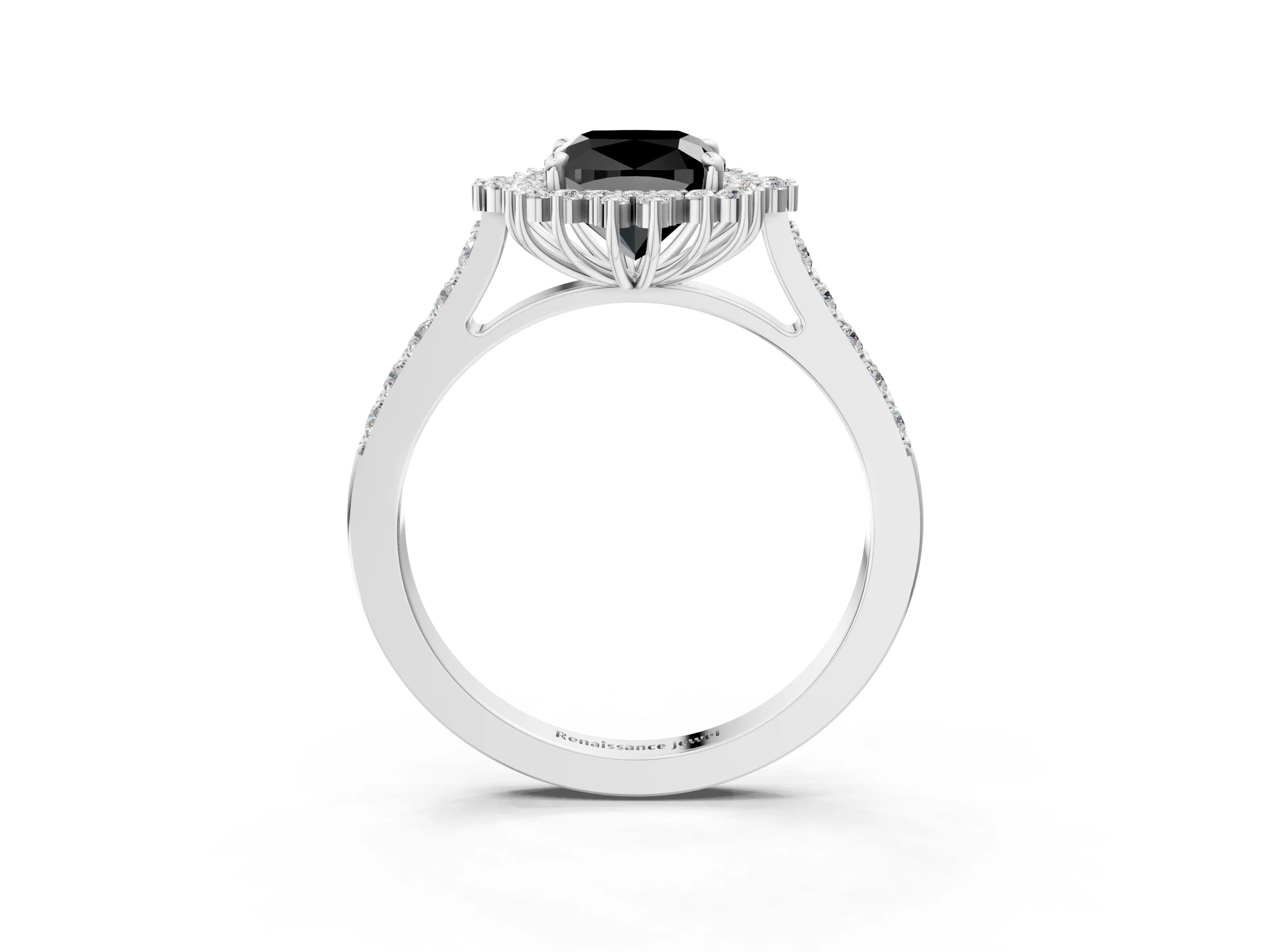 White gold Fancy Black Cushion Cut Cut Diamond Sunburst Halo Engagement Ring with Pavé Band_15