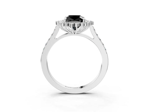 White gold Fancy Black Cushion Cut Cut Diamond Sunburst Halo Engagement Ring with Pavé Band_15