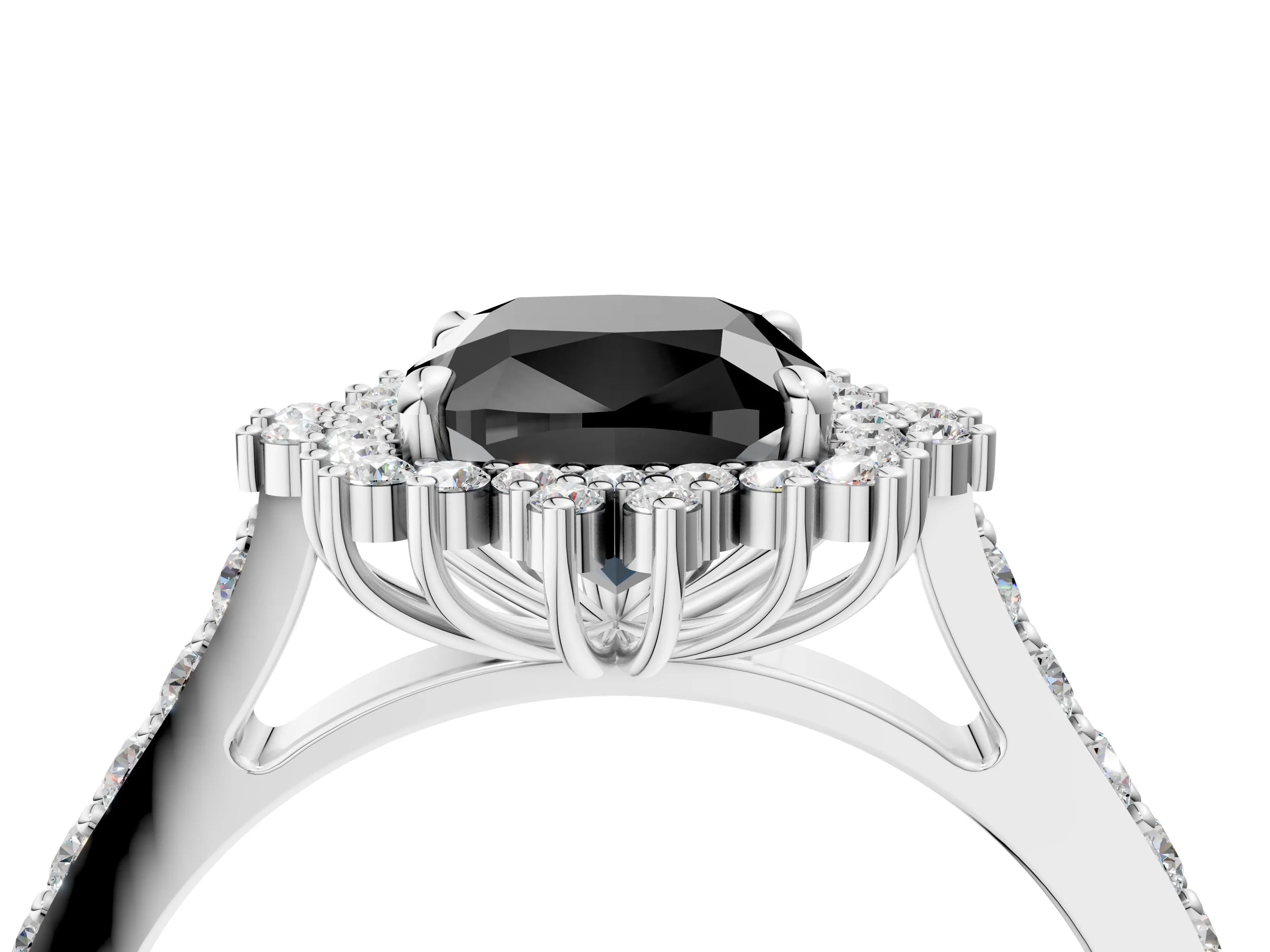 White gold Fancy Black Cushion Cut Cut Diamond Sunburst Halo Engagement Ring with Pavé Band_16