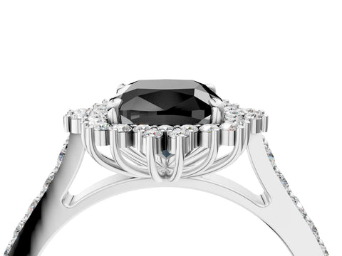 White gold Fancy Black Cushion Cut Cut Diamond Sunburst Halo Engagement Ring with Pavé Band_16