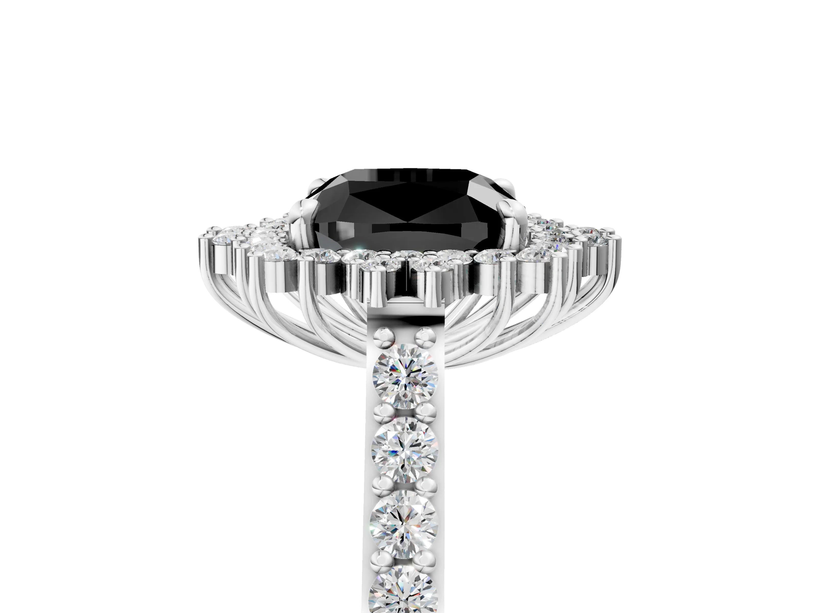 White gold Fancy Black Cushion Cut Cut Diamond Sunburst Halo Engagement Ring with Pavé Band_17
